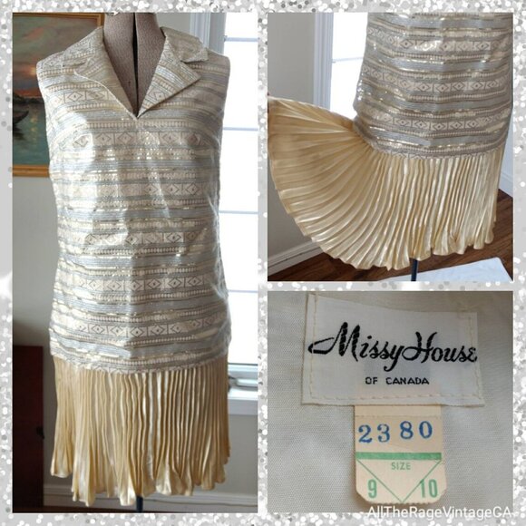 Vintage 60s 70s Metallic Gold Silver Dress 36" Bust 1920s Flapper Style - Picture 3 of 11